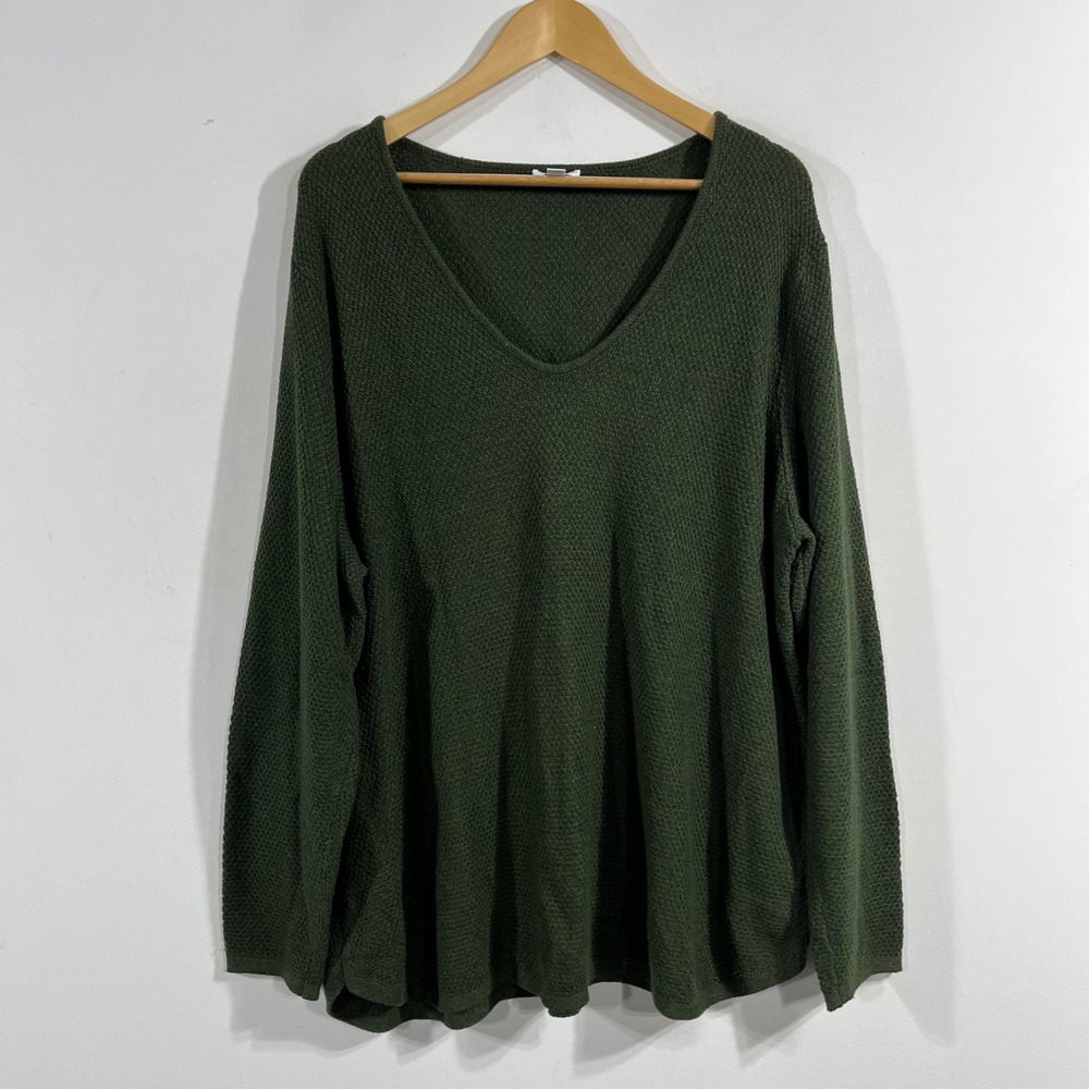 J. Jill Granola Womens 2X Olive Green V-Neck Textured Cotton Sweater Parisian